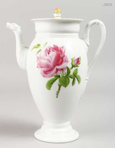 A GOOD MEISSEN COFFEE POT AND COVER painted with pansies and roses. Cross swords mark in blue.