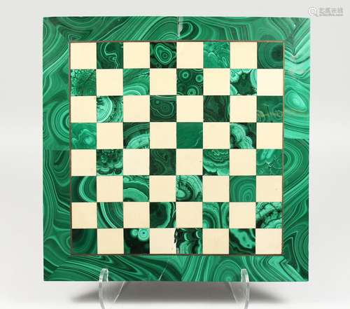 A GOOD INLAID MALACHITE CHESSBOARD. 15.5ins square.