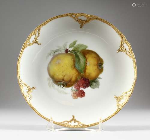 A VERY GOOD SET OF SIX KPM CIRCULAR PLATES edged in gilt, the centres painted with fruit and