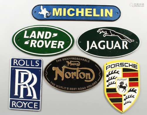 SIX VARIOUS NOVELTY CAST IRON SIGNS, various sizes.