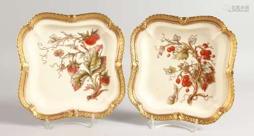 A ROYAL WORCESTER PAIR OF SQUARE DISHES of silver shape, each decorated with enamels and raised