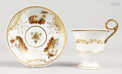 A GOOD 19TH CENTURY PARIS PORCELAIN TALL COFFEE CUP AND SAUCER, painted with landscapes.