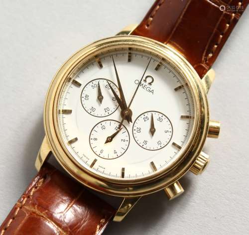 A GOOD GENTLEMAN'S OMEGA 18CT GOLD THREE DIAL WRISTWATCH, with leather strap, No. 48329718.