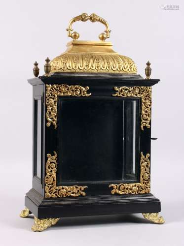 A 17TH CENTURY EBONY AND BRASS BRACKET CLOCK CASE, 15.5ins high, would take a 6-inch dial.