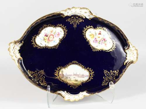 A SUPERB MEISSEN OVAL SHAPED TRAY, rich blue ground painted with panels of flowers and Dresden.