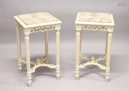 A PAIR OF FRENCH STYLE CARVED AND PAINTED WOOD LAMP TABLES, with square marble tops. 2ft 4ins high x