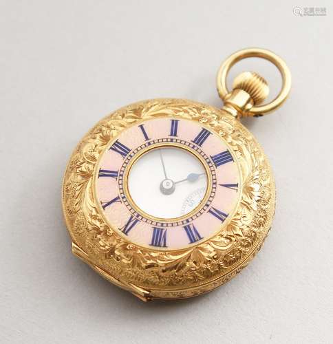 A LADIES' 18CT GOLD HALF HUNTER POCKET WATCH with engraved case and blue Roman numerals.