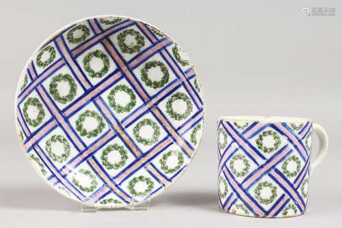 A GOOD SEVRES CUP AND SAUCER, with blue crosshatch and wreaths. Mark in blue, Letter M.