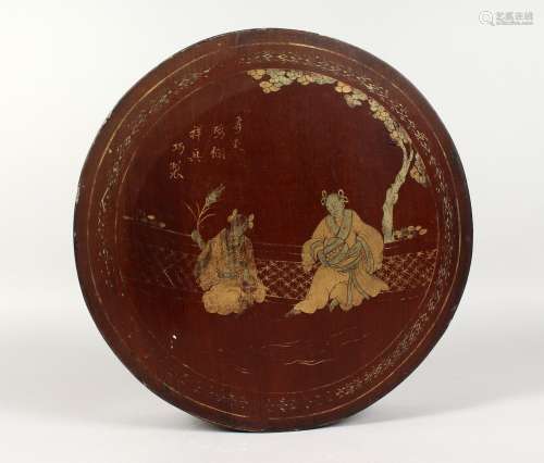 AN ORIENTAL LACQUER CIRCULAR BOX AND COVER. 12ins diameter.