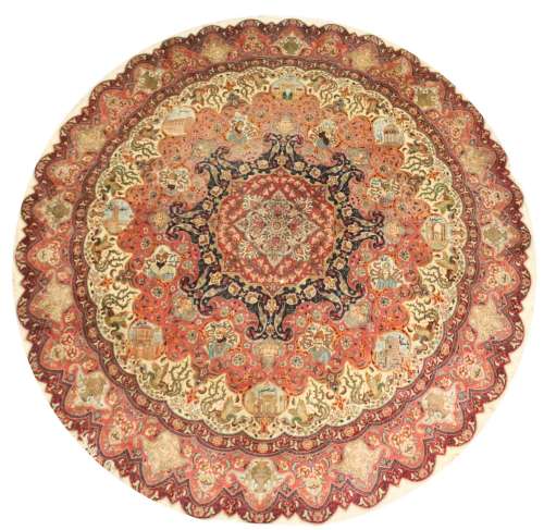 A GOOD PERSIAN CIRCULAR CARPET, with a large floral central motif, surrounded by small vignettes