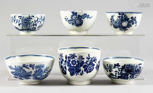 SIX VARIOUS CAUGHLEY AND WORCESTER BLUE AND WHITE BOWLS.