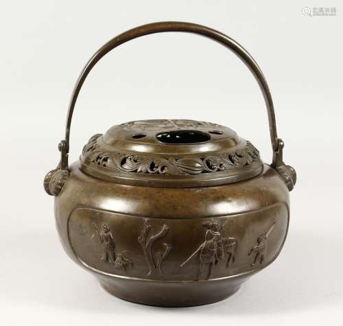 A CHINESE BRONZE CIRCULAR POT AND COVER. 8ins.