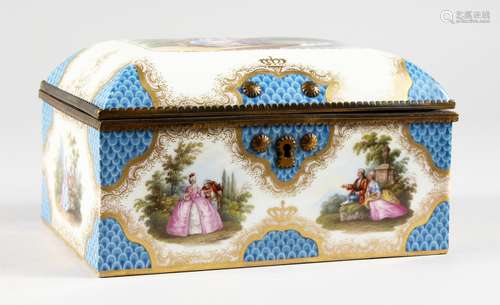 A VERY GOOD, POSSIBLY GERMAN, PORCELAIN CASKET AND COVER, painted with panels of young ladies and