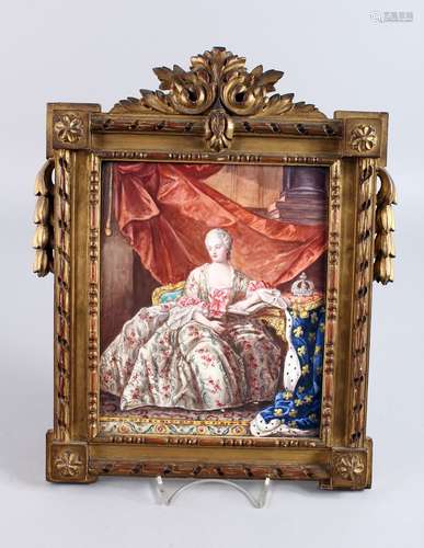 A SUPERB 18TH - 19TH CENTURY FRENCH ENAMEL PORTRAIT PLAQUE OF MARIE ANTOINETTE sitting in a chair,