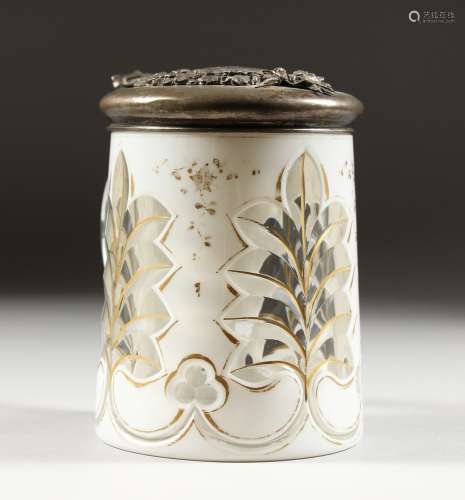 A GOOD BOHEMIAN WHITE OVERLAY TANKARD with silver top.