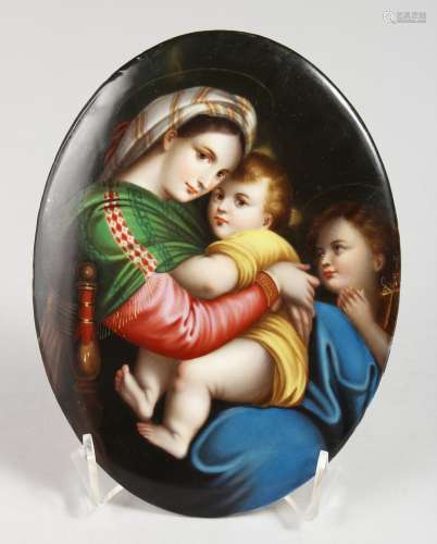 A GOOD DRESDEN OVAL PLAQUE, Madonna and Child. 7ins x 5ins.