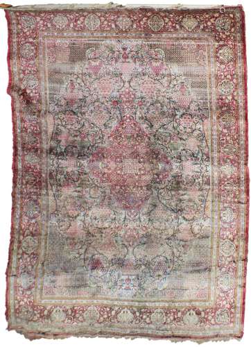 A 19TH/20TH CENTURY PERSIAN TEHRAN SILK CARPET, red ground with numerous vases of flowers, panels of