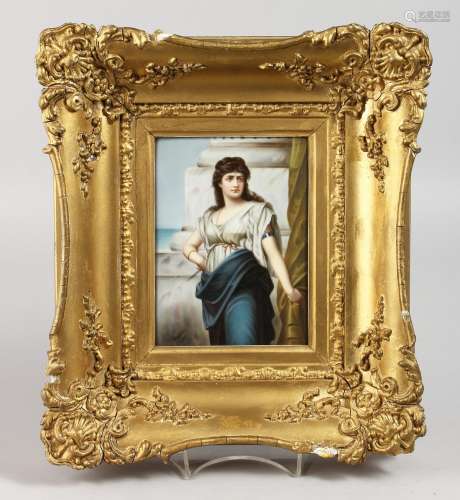 A GOOD DRESDEN UPRIGHT PLAQUE, AFTER SICHEL, Young Girl. 5.5ins x 4ins, in a gilt frame.