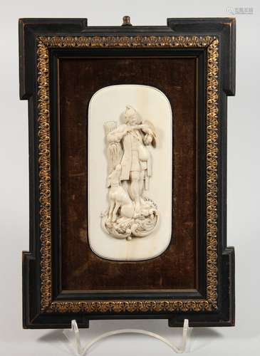 A GOOD 19TH CENTURY DIEPPE IVORY CARVED PLAQUE, a man with a hawk and a dog. 5.5ins x 2.5ins, on a