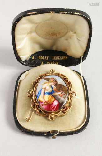 A VICTORIAN GOLD AND ENAMEL BROOCH FROM A. GOLAY-LERESCHE, GENEVA, in a fitted leather case.