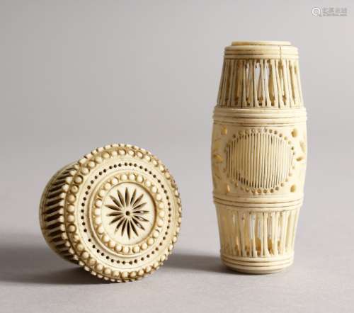 TWO CHINESE PIERCED IVORY CRICKET CAGES. 2.5ins long x 1.5ins diameter.