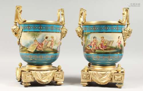 A PAIR OF IMPRESSIVE SEVRES STYLE PORCELAIN CACHE POTS with ormolu mounts and liners. 13ins high.
