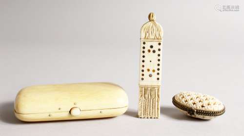A PLAIN IVORY CIGARETTE CASE, 3.5ins long, a pierced egg shaped box, 1.75ins long, and a BONE