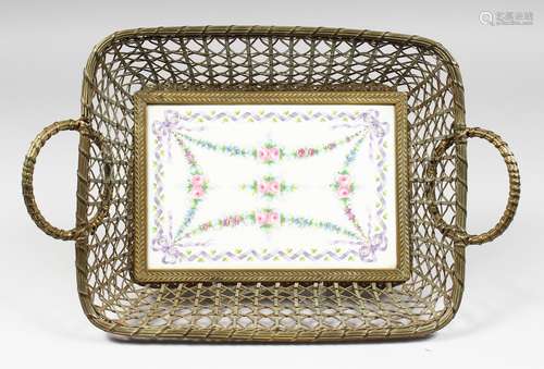 A VERY GOOD SEVRES PORCELAIN AND BASKET WORK TWO-HANDLED TRAY, painted with garlands of flowers