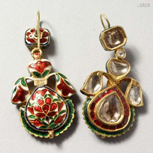 A SUPERB SET OF 18CT GOLD, DIAMOND, RUBY AND ENAMEL DROP EARRINGS.