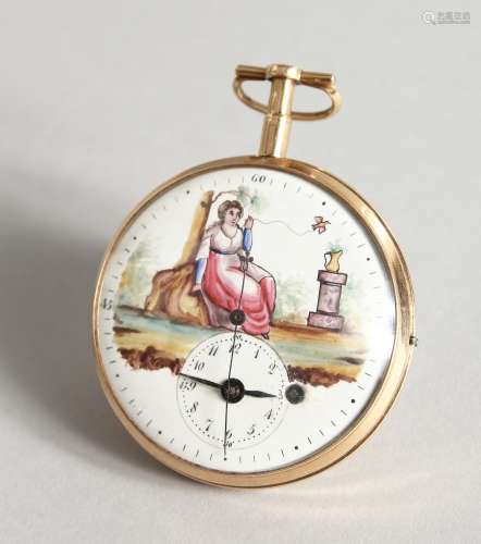 A GEORGE III 18CT GOLD POCKET WATCH with verge escapement and decorative enamel dial.