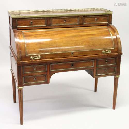 A GOOD 19TH CENTURY FRENCH EMPIRE MAHOGANY INLAID CYLINDER DESK, with galleried top, three small