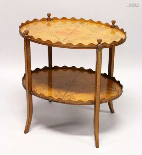 A GOOD SHERATON REVIVAL SATINWOOD AND MARQUETRY TWO TIER OVAL ETAGERE, the galleried top and