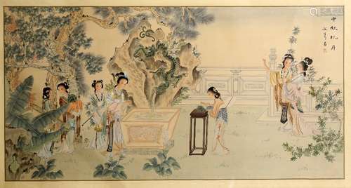 A Chinese painting of a narrative scene with a number of ethereal women together in a garden, with