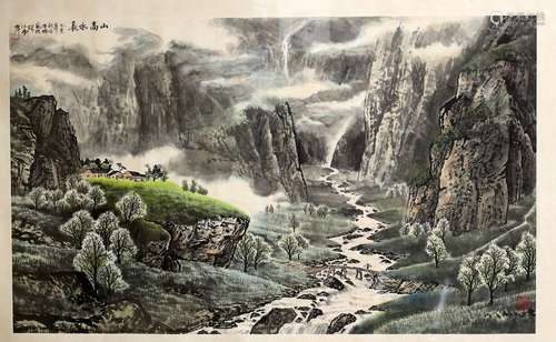 A Chinese painting, pigment on paper, of a small community in a mountainous landscape beside a