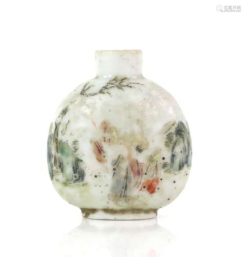 A famille rose Chinese snuff bottle with worn enamels and mark, 5.5 cm high, Qing DynastyProvenance: