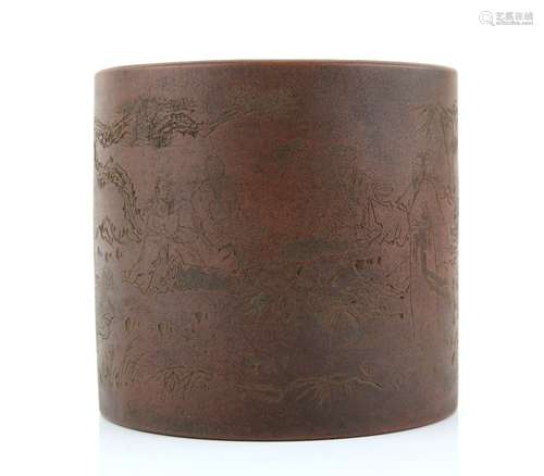 A Yi Xing brush pot of cylindrical form, decorated with a group of Scholar Musicians in a bamboo