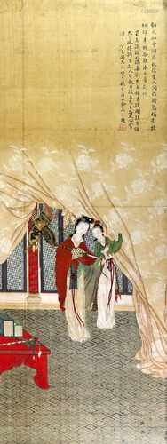 A Chinese picture on textile of two women, looking at a sword in an interior; the right hand side