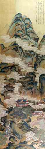 A Chinese picture on textile portraying figures in a retreat beside the mountains; with five lines