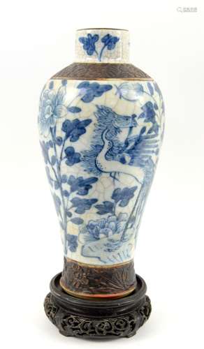 Chinese blue and white vase with two bands of incised decoration, on carved hardwood stand Please