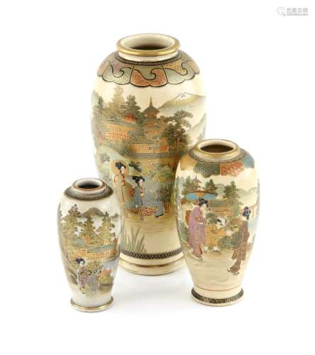 Three Satsuma vases; each one decorated in typical colours and gilt with scenes of Yamato Nadeshko