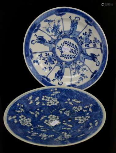A blue and white dish, decorated with fan-shaped panels depicting Natural History designs and