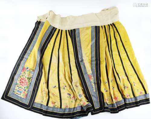 An Imperial-Yellow ground lady's skirt with vertical black lines , decorated with butterflies and