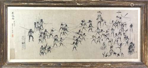 A Chinese picture of mythological, ghost-like creatures fighting together; the left hand side with