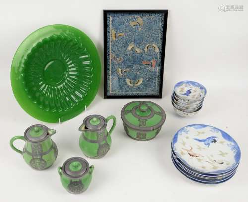 Six Fukagawa Imari dishes and five bowls en-suite, all decorated with Manchurian tsuru; a Chinese