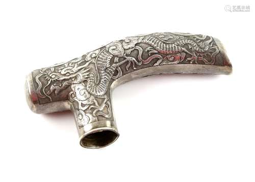 Chinese silver walking cane top with dragon decoration, makers name