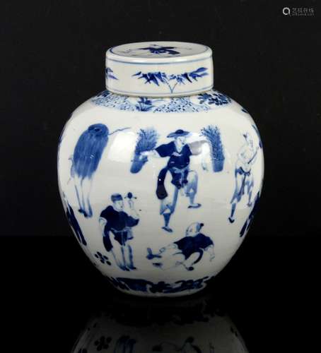 A blue and white oviform vase, decorated with a variety of standing figures; with circular fitted