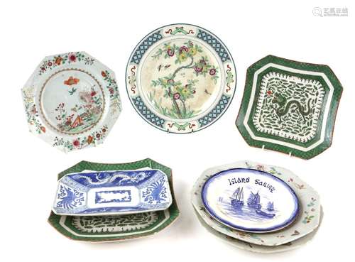 Three Chinese Export Porcelain, famille rose plates, Qianlong; a pair of Chinese Dragon dishes; a