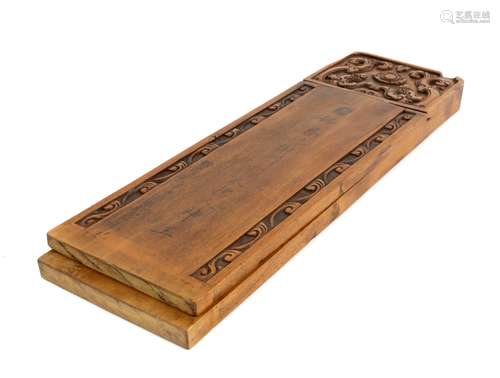 A Chinese or other Asian rectangular wood implement, possibly for the Sholar's studio; both the