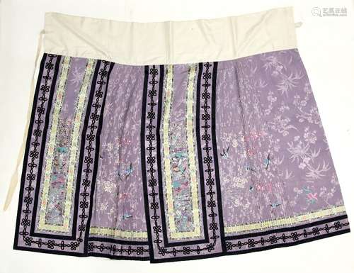 A Chinese textile skirt decorated with both vertical and horizontal blue lines beside designs of