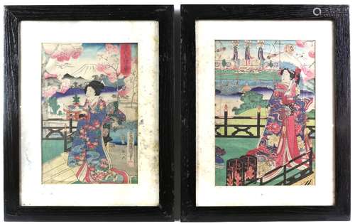 Nine Japanese oban tate-e, all framed and glazed; each one depicting figures from either late Edo or